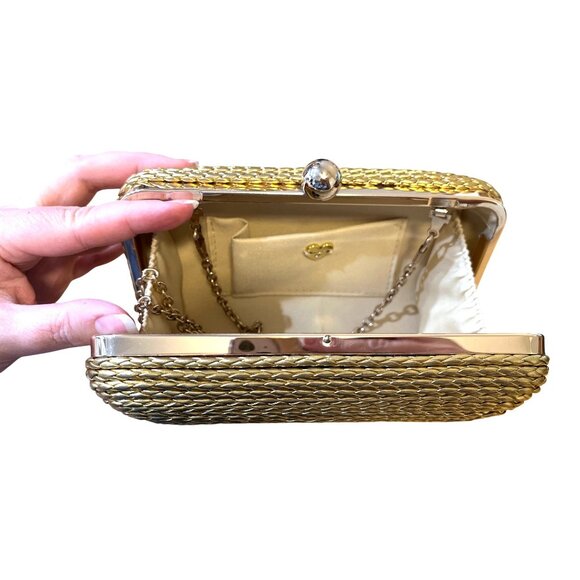 Gold Woven Bebe Clutch Purse With Chain Strap & Snap Closure - Elegant - Picture 6 of 7